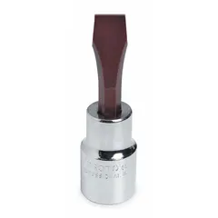 This slotted bit socket features a 1/2 in drive size and a 5/8 in slotted tip, with an overall length of 3 5/32 in. Designed for driving slotted-head fasteners in industrial maintenance, assembly, and repair applications. SAE specification.
