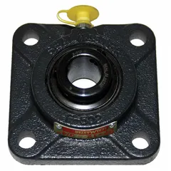 This 4-bolt flange-mount ball bearing features a 1 1/8 in cylindrical bore and a cast iron housing with set-screw shaft locking. It is lubricated with NLGI #2 Equivalent grease and has a 4 1/4 in length with 7/16 in mounting bolts. Suitable for supporting rotating shafts in conveyors, fans, pumps, and other industrial machinery.