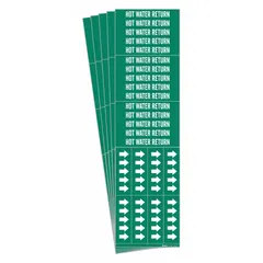 These adhesive pipe markers feature a green background with white legend reading 'Hot Water Return' and include directional arrows. Each pack contains 5 sets of 3 markers, designed for pipes with an outside diameter of 3/4 inch and smaller. Suitable for identifying hot water return lines in plumbing and HVAC systems.