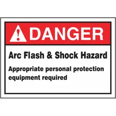 Vinyl adhesive sign with nominal size 3 1/2 in x 5 in and 0.006 in thickness. Features a danger message regarding arc flash and shock hazards, specifying required personal protection equipment. Not retroreflective and does not glow in the dark. Suitable for application on electrical panels and equipment to warn personnel of electrical hazards.
