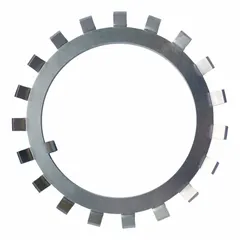 Steel bearing lock washer with 15 tabs, 0.052 in thickness, for inch-series taper roller bearing assemblies. Compatible with NHE lock nuts. Prevents loosening under vibration in industrial machinery, conveyors, and gearboxes.
