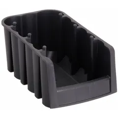 This black solid plastic bin from AKRO-MILS has a 12 lb load capacity and is designed for stacking and nesting storage. Suitable for organizing parts, tools, or components in warehouses, workshops, and assembly lines. Contains 0% recycled content.