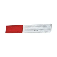 Red and white reflective tape for truck applications. Measures 2 inches wide by 24 inches long. Acrylic adhesive material with white reflective color. Used for marking large vehicles and trailers to improve visibility.