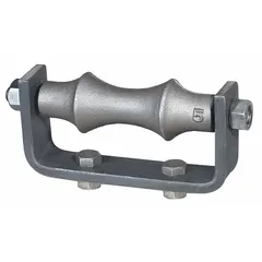 Surface-mount pipe roller with a cast iron roller and galvanized steel base. Supports and guides 4 in pipe in industrial piping systems, material handling, and structural support applications. Overall length 6.63 in, load capacity 750 lb.