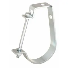Zinc-plated steel J-style hanger for suspending 4 in pipe or conduit from 5/8 in threaded rod. Non-cushioned design with a load capacity of 550 lb. Suitable for supporting piping in mechanical rooms, factories, and warehouses.