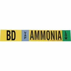 Ammonia adhesive pipe marker for VAP phase, Low pressure level, fitting 8 in and larger pipe O.D. without arrows. Includes 1 marker with IIAR system abbreviation BD. Used in industrial ammonia piping systems for identification and compliance with IIAR labeling standards.