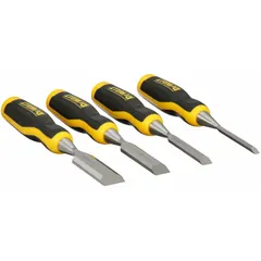This 4-piece wood chisel set includes blades with widths of 1/4 in, 1/2 in, 3/4 in, and 1 in, each with a 5-1/4 in handle length. Suitable for general woodworking tasks such as carving, shaping, and trimming wood, as well as joinery and detail work.