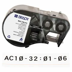 Continuous polyester label roll cartridge with black-on-white printing and removable, repositionable adhesive. Designed for use with BMP51 printers. Suitable for general industrial labeling, cable marking, and asset identification.