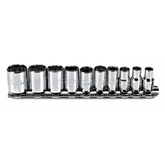 This 10-piece socket set includes 12-point SAE sockets in sizes from 3/16 in to 9/16 in with a 1/4 in drive. Suitable for fastening and loosening hex nuts and bolts in automotive, industrial, and maintenance applications. Standard sockets only; not tether capable and does not include socket bits.