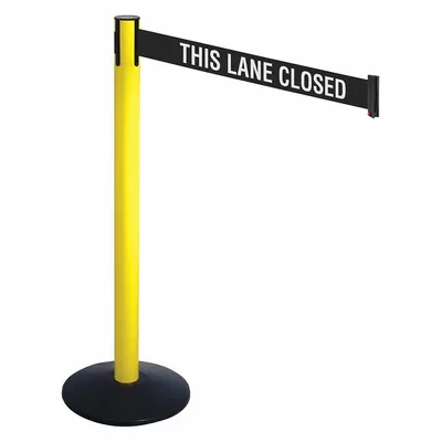 RETRACTA-BELT Barrier Post with Belt: Black, No Pattern, This Lane Closed, 10 ft Belt Lg - Message Retractable Belt Post Barriers