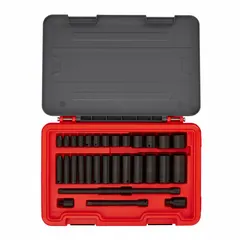 This 31-piece SAE socket set includes standard sockets ranging from 1/4 in to 1 in with a 3/8 in drive. It is used for tightening and loosening fasteners in general mechanical work, such as automotive and industrial maintenance. The set does not include socket bits and is not tether capable.