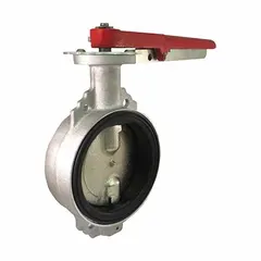 This 2-inch wafer-style butterfly valve is constructed of aluminum with an EPDM seal. It features a lever handle for manual flow control and is rated for a maximum pressure of 30 psi CWP. Suitable for dry bulk transport applications such as pneumatic conveying of powders, pellets, and granular materials.