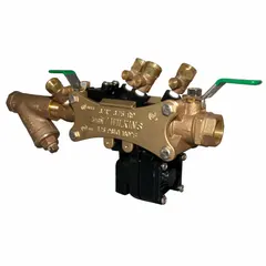 Reduced pressure zone backflow preventer with bronze body, 2-inch FNPT connections, and integral strainer. Includes ball valve shut-offs on inlet and outlet. Rated for operating temperatures from 33°F to 180°F. Used in commercial and industrial water systems to prevent backflow contamination.