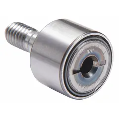 Crowned stud track roller with needle roller bearing design. Roller diameter 26 mm, roller width 12 mm, M10-1 thread. Suitable for guided linear motion, conveyors, and cam follower applications where the crowned outer ring reduces edge stress on guide rails.