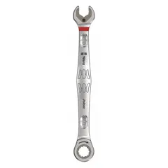 This SAE spline ratcheting combination wrench is made of alloy steel with a nickel chrome finish. It has a 3/8 in head size and an overall length of 6 1/4 in. The ratcheting spline design enables faster work in confined spaces, suitable for tightening and loosening SAE fasteners in industrial maintenance, assembly, and repair tasks.