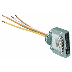 Modular wiring accessory for LED luminaires, includes power feed wires. Measures 2 3/8 in length, 9/16 in width, 2 3/16 in height. Used to supply power to compatible LED fixtures in bay lighting installations.