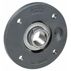 This INA flange-mount ball bearing features a 60 mm cylindrical bore, cast iron circular housing, and eccentric collar for secure shaft mounting. It is lubricated with lithium complex grease and has M16 mounting bolts. Suitable for radial load applications in industrial machinery, conveyors, and material handling equipment.