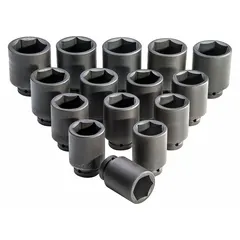 This 15-piece SAE impact socket set features a 1 in drive and includes six-point sockets. The set is intended for use with impact tools in heavy-duty fastening and loosening applications on large bolts and nuts.