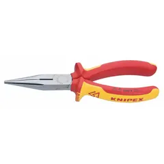 Serrated jaw chain-nose pliers with 2 in jaw length, 1 1/4 in max jaw opening, and 6 1/4 in overall length. Insulated for electrical work. Integrated cutter for wire cutting. Suitable for gripping, bending, and cutting in confined spaces during industrial maintenance and panel building.
