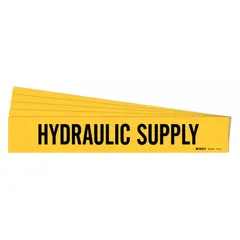 Yellow adhesive pipe marker with black legend reading 'Hydraulic Supply' for identifying hydraulic fluid lines. Fits pipe outer diameters from 2-1/2 to 7-7/8 inches. Supplied in a 5-pack without directional arrows. Suitable for indoor or outdoor use in industrial facilities.