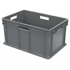 This plastic solid straight-wall container has a 20-gallon capacity and measures 23 3/4 x 15 3/4 x 12 1/4 inches. It is stacking capable for vertical storage in warehouses, factories, and distribution centers. Suitable for organizing parts, tools, or bulk materials.