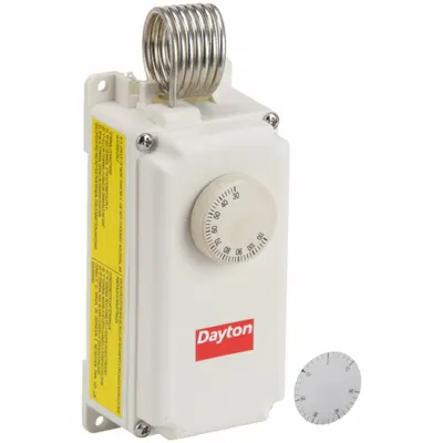 Dayton Line Volt Mechanical Tstat: Heat or Cool, Plastic, 30° to 110°F, 3.5° to 12°F - Weatherproof Two-Stage Controls