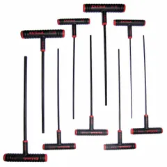 This 9-piece T-shaped hex key set includes SAE sizes with extra-long shafts for increased reach. The black oxide finish provides corrosion resistance. Keys are standard end type and come organized in a pouch. Suitable for tightening or loosening hex socket screws and bolts in maintenance, assembly, and repair tasks.