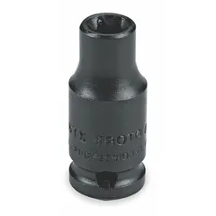 This 1/4" drive external Torx impact socket is designed for standard E7 Torx fasteners. It features a black oxide finish and is suitable for use with impact wrenches in industrial assembly, automotive repair, and maintenance applications.