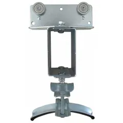 Steel trolley for festoon systems, compatible with C-Rail track and round cable. Accommodates cable diameters from 0.6 in to 0.94 in. Overall length 5 in. Steel trolley wheels. Used in overhead cable management for moving equipment.