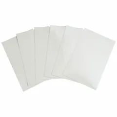 Clear polyester overlaminating sheet with permanent adhesive, measuring 5 1/2 in height by 3 1/2 in width. Applied over printed labels to provide a protective layer against abrasion, chemicals, and environmental exposure in industrial settings.