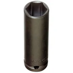 SAE thin wall impact socket with 1/2 in drive and 9/16 in hex size. 6-point deep design with 3 1/4 in overall length. Suitable for use with impact wrenches in fastening applications.