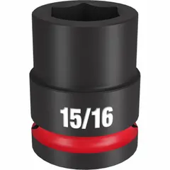 This 3/4" drive impact socket features a 15/16 in SAE hex size with a 6-point design for high-torque fastening and loosening. The black phosphate finish provides corrosion resistance. Suitable for heavy-duty applications in industrial maintenance, construction, and automotive repair.