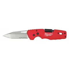 This assisted-opening folding knife has a 3-inch blade and a plastic body. It measures 5 inches closed and 7 3/4 inches overall. The knife includes a blade storage compartment for spare blades. Typical uses include cutting packaging, drywall, insulation, and strapping in construction and maintenance settings.