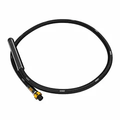 Steel replacement shaft assembly with quick-connect design, 10 ft overall length and 2 1/4 in overall width. Used to consolidate concrete in construction, removing air pockets and ensuring proper settling. Direct replacement for compatible DEWALT concrete vibrator models.