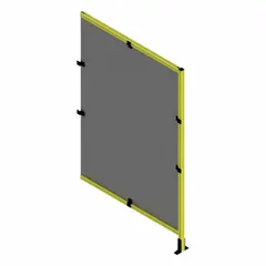 This unassembled wire mesh panel add-on kit is designed for use with T-slot framing systems to expand or enclose structures such as machine guarding, safety barriers, or storage enclosures. It features a yellow powder-coated/PVC-coated frame and a black square mesh panel. Dimensions: 72 in height, 24 in width, 5 1/2 in depth.