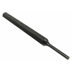 Hexagon steel punch with a flat tip for driving out pins, dowels, and rivets. Shank width 5/16 in, taper length 1 in, overall length 4-3/4 in. SAE design. Suitable for disassembly in metalworking and maintenance tasks.