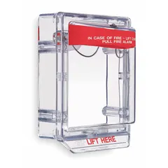 This clear polycarbonate pull station guard is designed for surface mounting on walls. It protects manual fire alarm pull stations from accidental activation or damage. The cover features the legend 'IN CASE OF FIRE - LIFT COVER ACTIVATE FIRE ALARM' and is suitable for use in commercial, industrial, and institutional facilities.