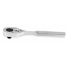 Reversible chrome ratchet with 3/8 in drive, 7 in overall length, and 15° minimum arc swing. Suitable for tightening and loosening fasteners in confined spaces where full swing is limited.
