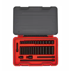 This 33-piece metric socket set includes drive tools and deep sockets, with a 3/8 in drive and sizes ranging from 6 mm to 19 mm. It is used for fastening and loosening nuts and bolts in automotive repair, industrial maintenance, and assembly applications. The set is not tether capable and does not include socket bits.