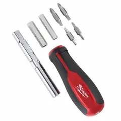 This combination multi-bit screw and nut driver features nine tips including Phillips #1 and #2, slotted, square, and Torx. With a 10-inch overall length and long shaft, it provides extended reach for fastening tasks in maintenance, electrical, and assembly applications.