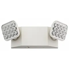 This LED emergency light provides backup illumination during power outages. It features a flame-retardant white plastic housing, adjustable lamp heads, and is remote capable. Designed for surface wall mounting in damp locations, it operates on 347V AC input voltage with 1 W lamp watt and 2 W emergency watt. cULus listed, with an operating temperature range of 50°F to 104°F.
