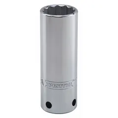 This 19 mm 12-point deep chrome socket features a 1/2 in drive and is tether-ready for tool retention in elevated or confined workspaces. Designed for fastening and loosening metric fasteners in industrial maintenance, automotive repair, and assembly applications.
