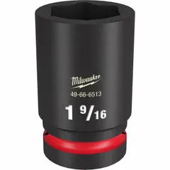This 1" drive deep impact socket features a 1-9/16" SAE hex size with a 6-point configuration and friction retention. Designed for use with impact tools in heavy-duty fastening applications such as industrial maintenance, construction, and equipment assembly.
