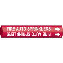 Red pipe marker with white legend reading 'Fire Auto Sprinklers' and directional arrows. Fits pipe outer diameter from 3/4 to 1-3/8 inches. Used to identify fire sprinkler piping in industrial and commercial facilities.