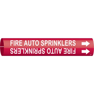 BRADY Pipe Marker: Fire Auto Sprinklers, Red, White, Fits 3/4 to 1 3/8 in Pipe O.D. - Fire Auto Sprinklers Snap-On Pipe Markers