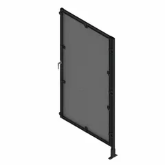 This wire mesh door add-on kit is designed for integration into T-slot framing systems, providing secure and ventilated access to enclosures. It features a black PVC-coated square mesh construction, right-swing operation, and dimensions of 72 inches high by 37 1/2 inches wide by 5 1/2 inches deep. Supplied unassembled, it is suitable for applications such as machine guarding, workstations, and safety barriers where airflow and visibility are required.