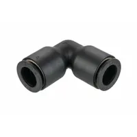Nylon and nickel-plated brass push-to-connect elbow fitting for connecting 10 mm OD to 12 mm OD tubing. Suitable for pneumatic systems, automation lines, and fluid handling where tool-free installation is required