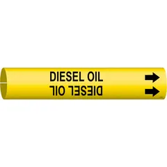 Pipe marker for identifying diesel oil lines. Yellow background with black legend and directional arrows. Fits pipe outer diameters from 2-1/2 to 3-7/8 inches. Supplied as a single marker.