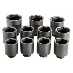 This 11-piece SAE impact socket set features a 1 in drive and includes eleven 6-point sockets ranging from 3-1/8 in to 4-1/2 in. Designed for use with impact wrenches, it is suited for heavy-duty fastening and loosening of large hex fasteners in industrial maintenance and equipment repair.