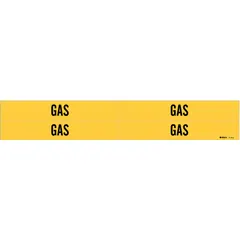 Yellow adhesive pipe marker with black legend 'Gas' for identifying gas piping systems. Fits pipe outer diameters from 3/4 to 2-3/8 inches. Pack includes 4 markers without arrows. Suitable for industrial and commercial facilities where clear pipe identification is required.